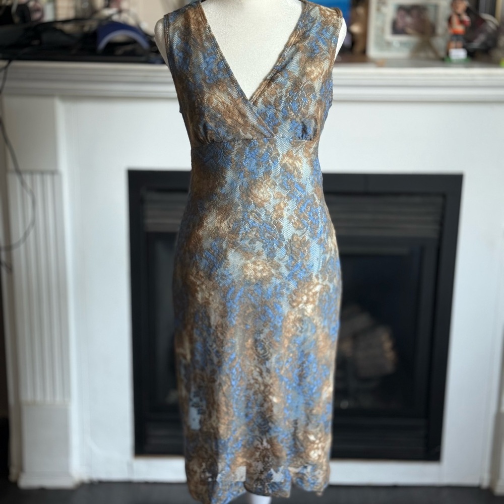 Elegant Blue and Brown Midi Dress
